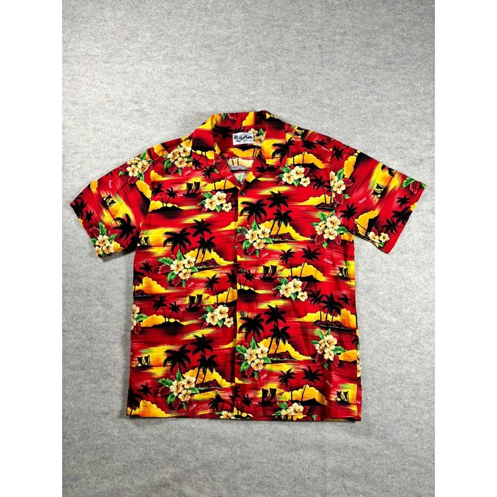 Howie Hawaii Aloha Shirt Mens Large Red Sunset Palm Tree Hibiscus Sailboat L